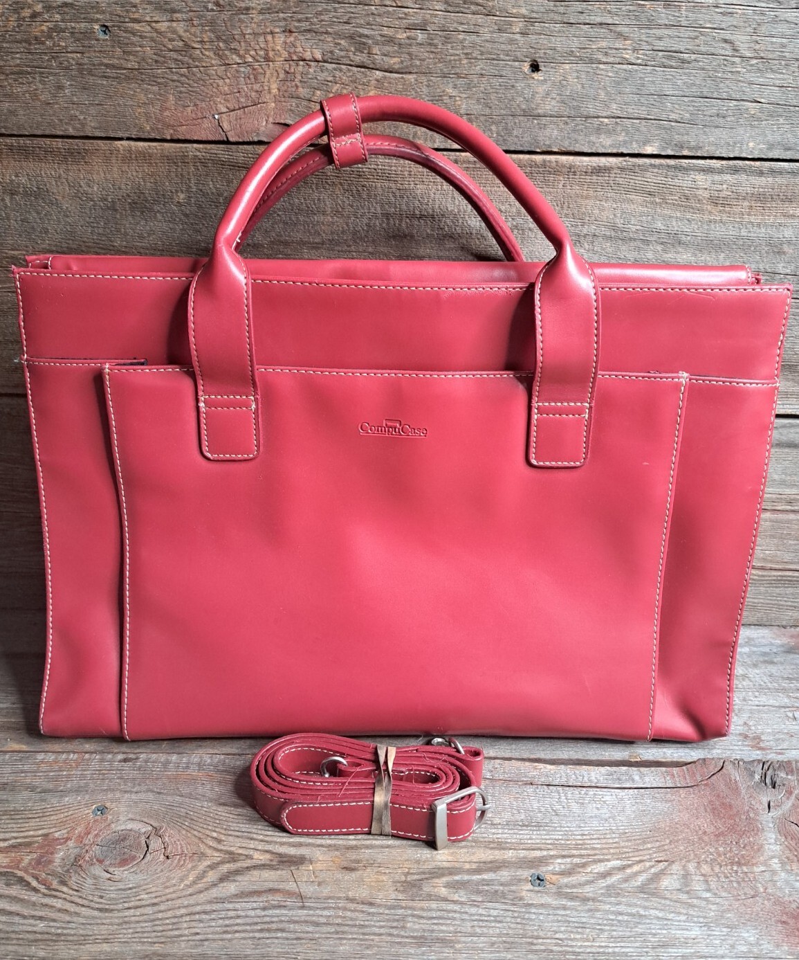 Compucase Red Laptop PC Burgundy Leather Case With Several Pockets 