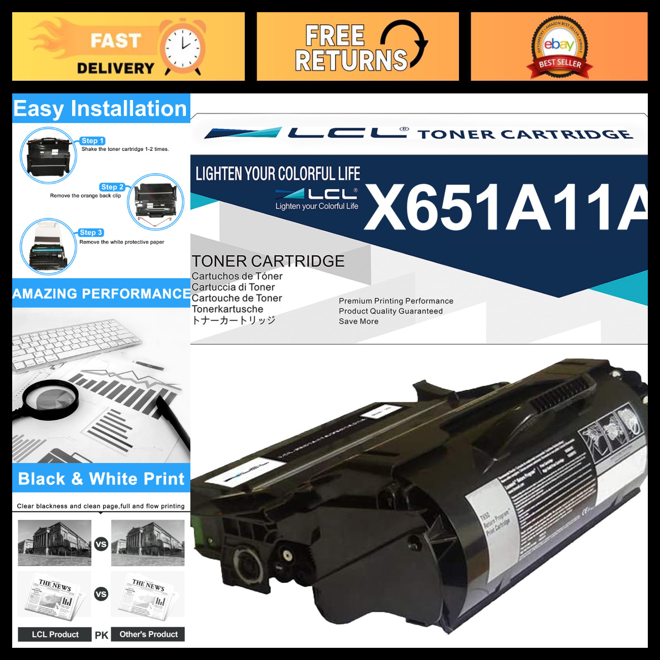 High-Yield Black Toner Cartridge Replacement for Lexmark X651 X652 X654 Series -
