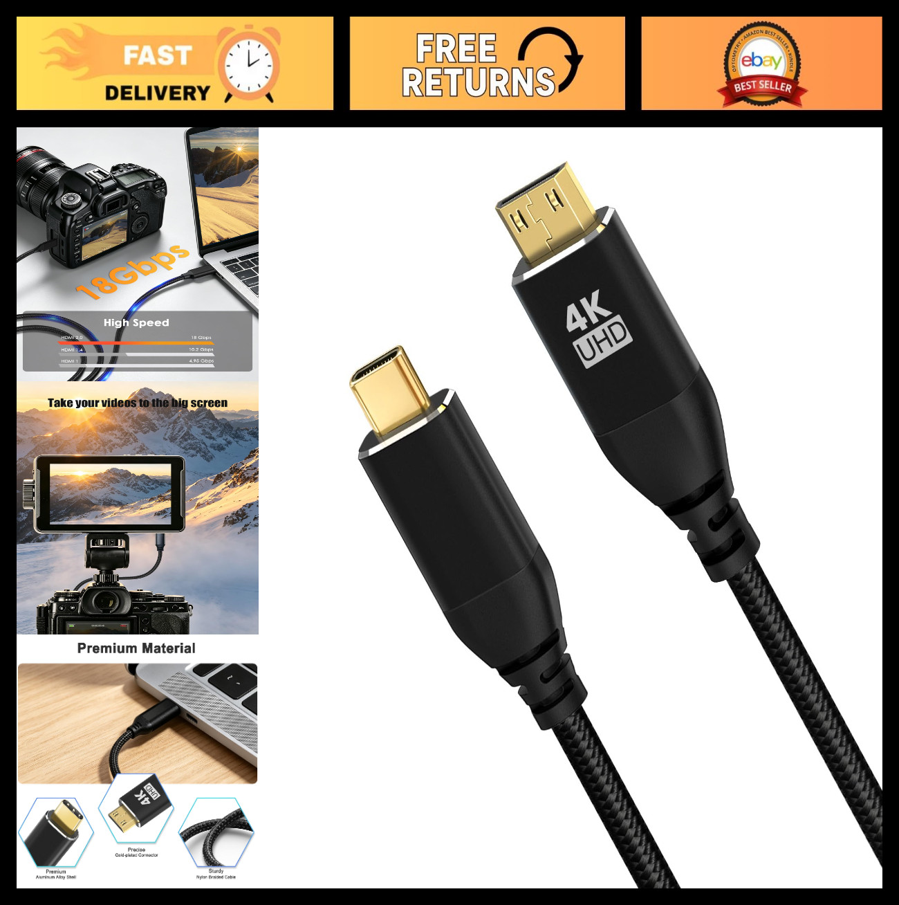 4K Mini HDMI to USB-C Cable 3FT, 4K@60Hz for DSLR Cameras & Portable Monitors