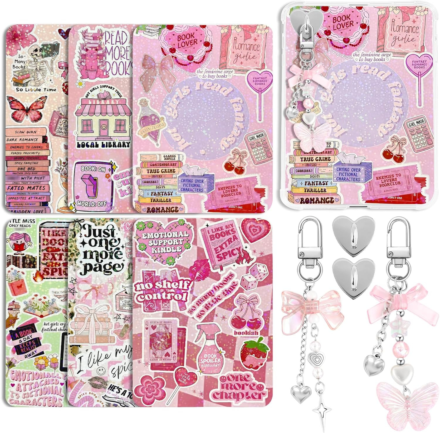 6Pcs Cardstock Inserts for Kindle Paperwhite with 2Pcs Charms - Pink Theme