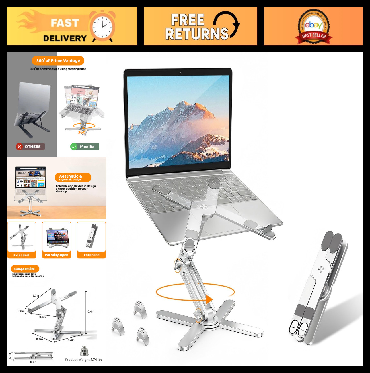 360° Rotating Laptop Stand - Adjustable Height & Angle, Ergonomic Riser, Foldabl