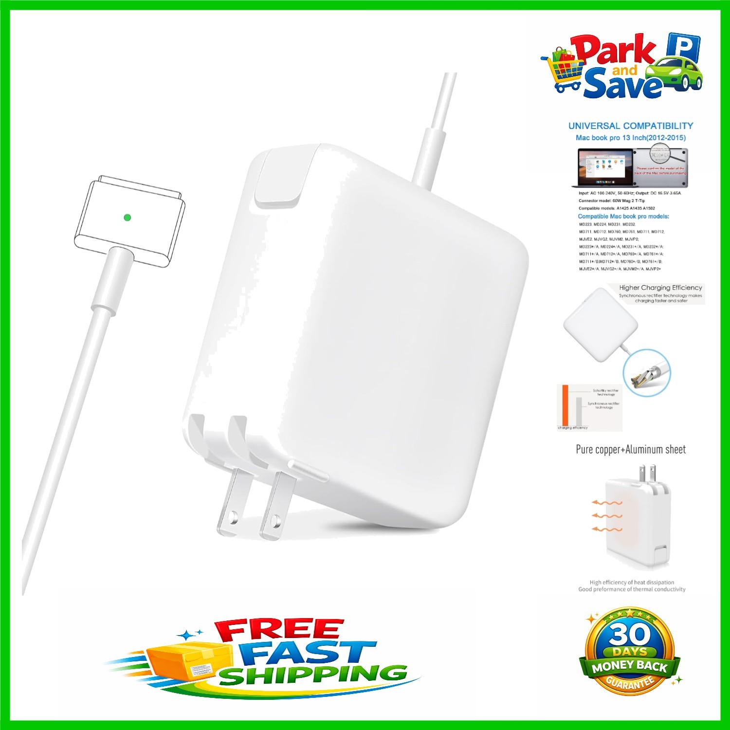 Portable 60W Power Adapter for MacBook Pro & Air with LED Status Indicator