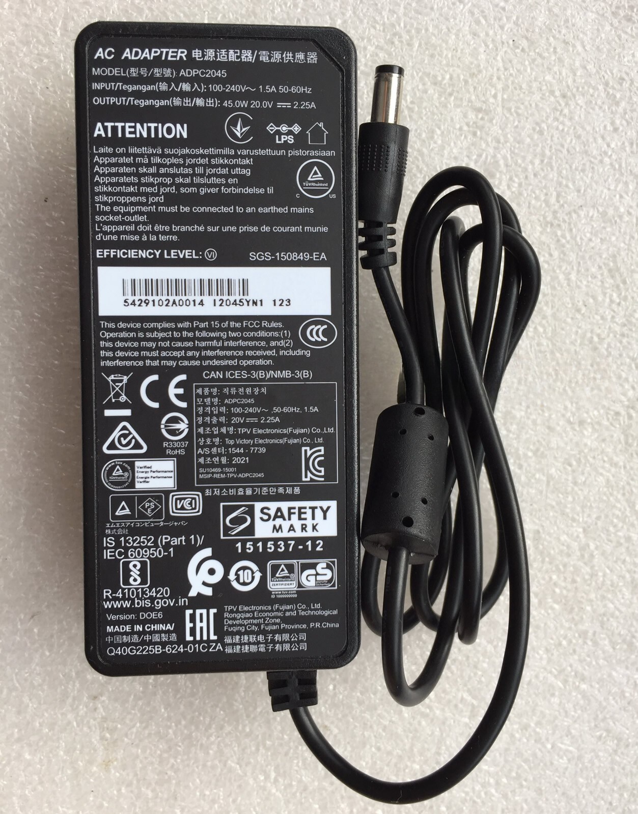 New TPV ADPC2045 20V 2.25A AC Adapter&Cord for AOC MSI LCD LED Monitor