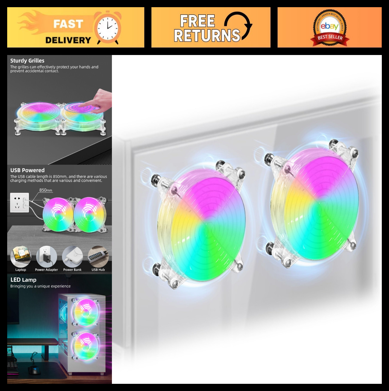 2-Pack 120mm 5V USB LED Cooling Fans with Magnetic Screws - Small Quiet Fans