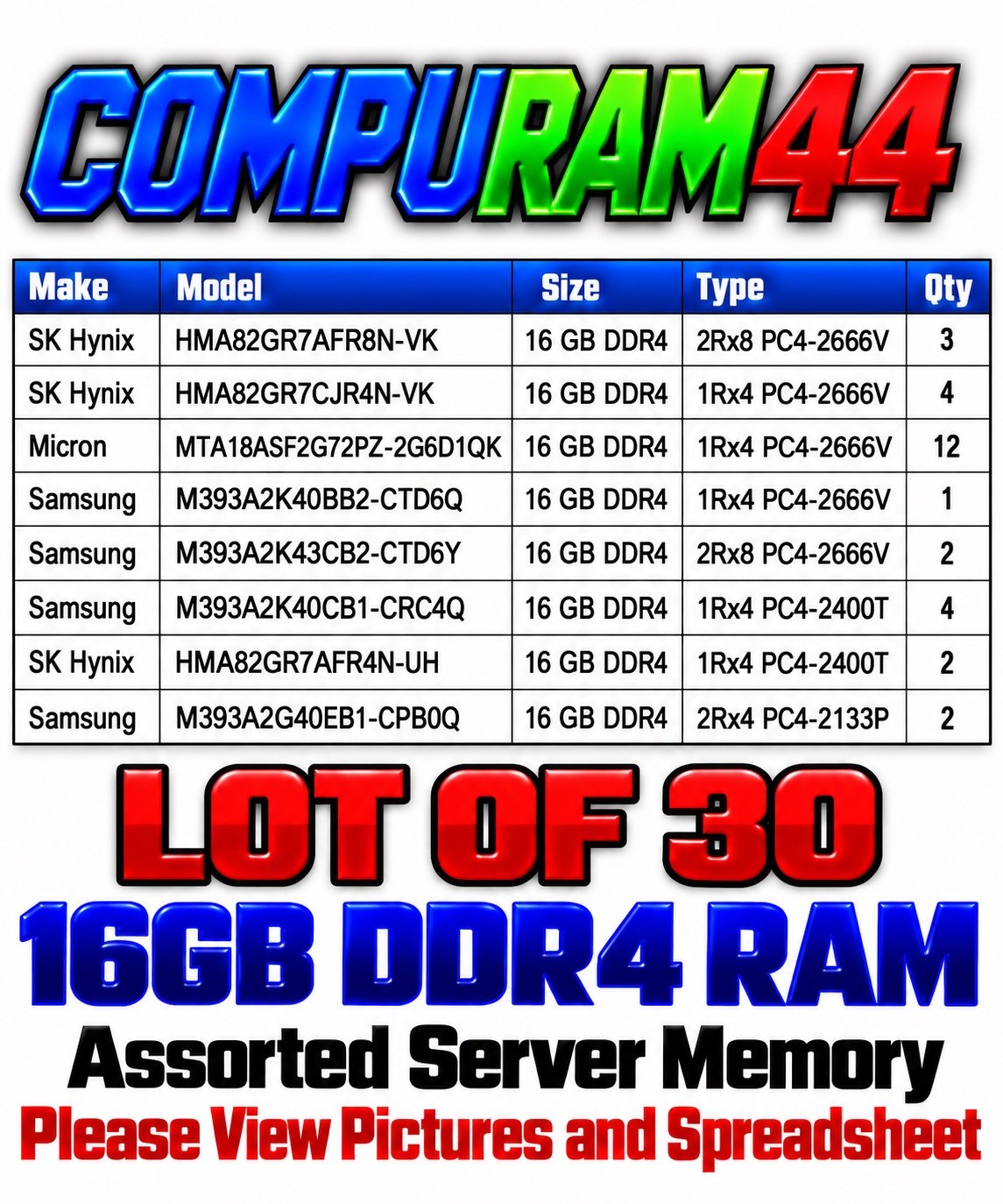 Lot of 30 - 16GB DDR4 Server Memory Mixed Brands PC4-2133P, 2400T, 2666V (480GB)