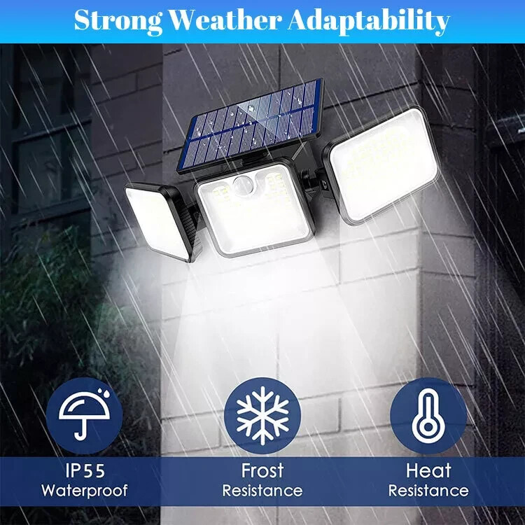 74 LED 3 Head Garden Solar Lights Outdoor Fence Security Motion Sensor Lamp