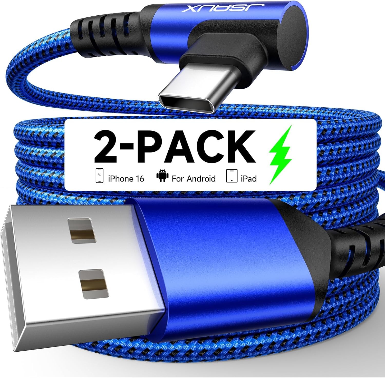 JSAUX USB C Cable [2-Pack 6.6ft], 3.1A Type C Charger Fast 6.6ft+6.6ft, Blue 