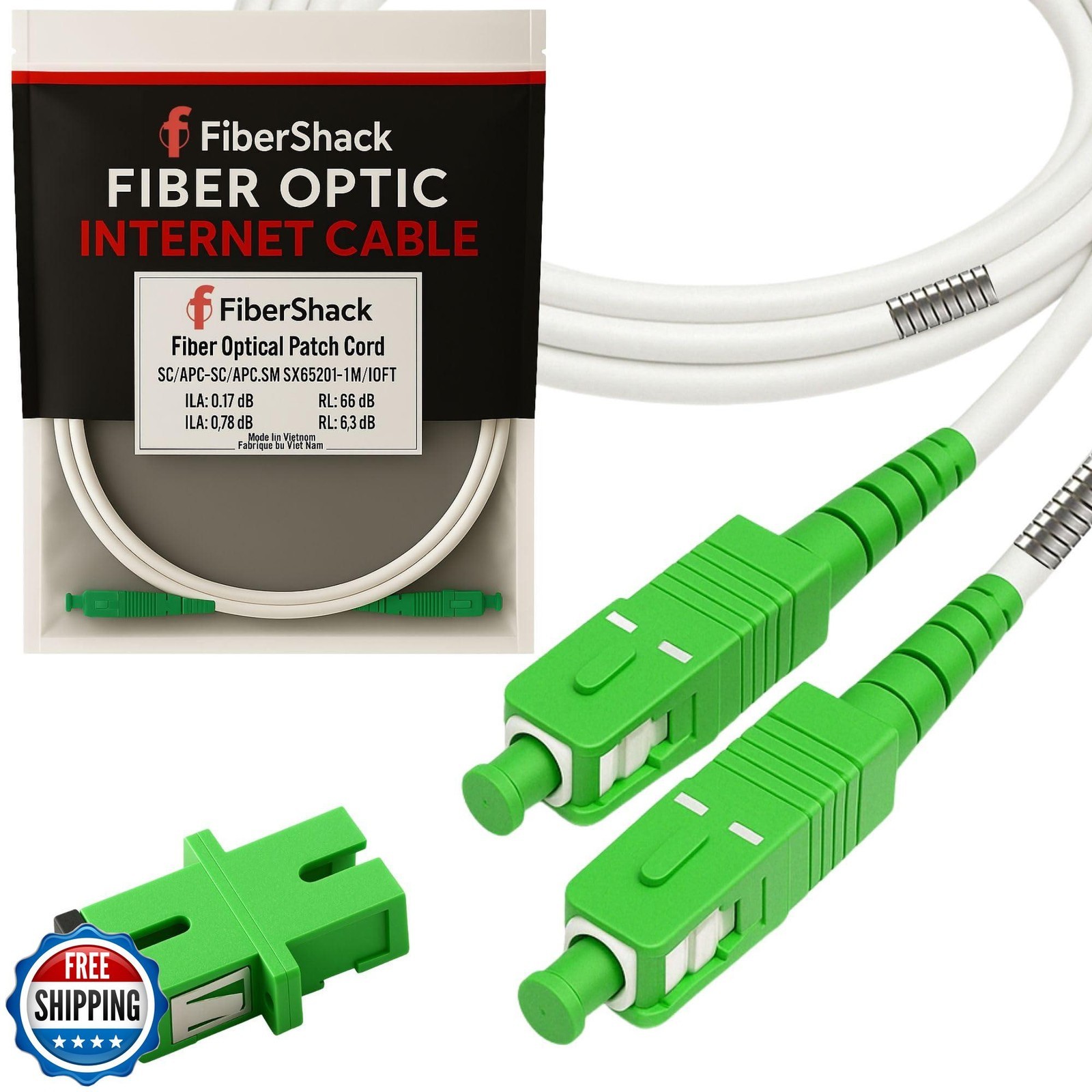 20M (65ft.) SC/APC to SC/APC Patch Cable OM2 Single Mode 9/125um - White