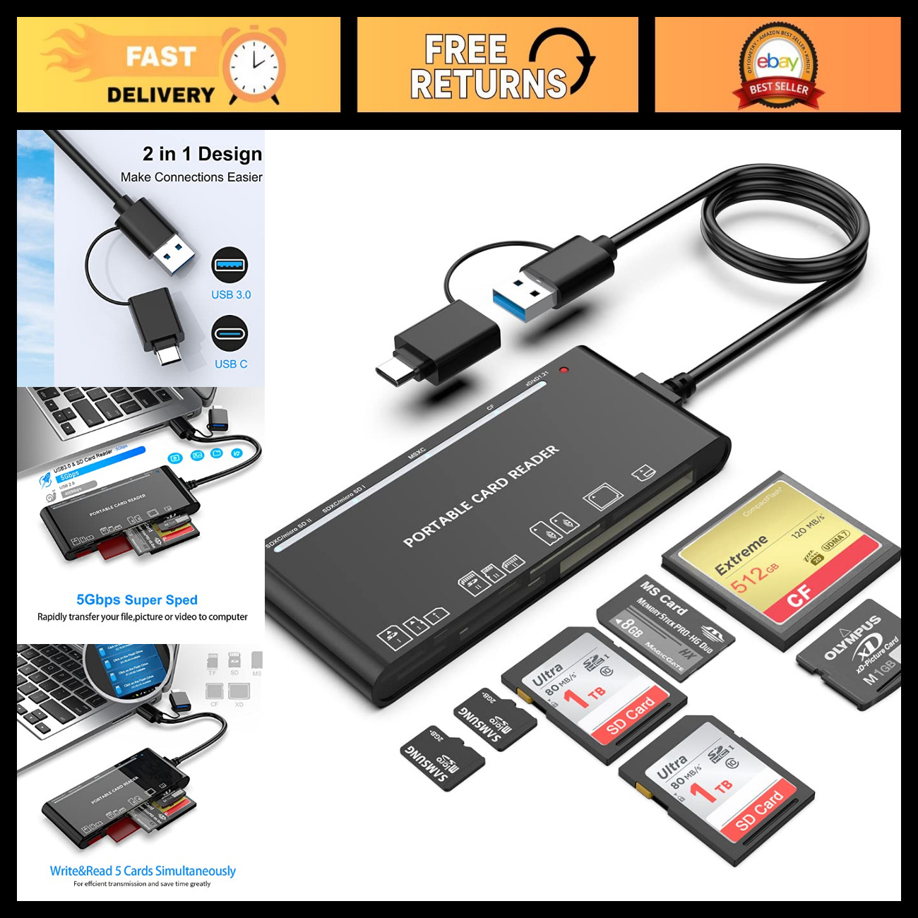7-in-1 USB C Multi Card Reader Hub for SD, CF, Micro SD, XD, MS - Compatible wit