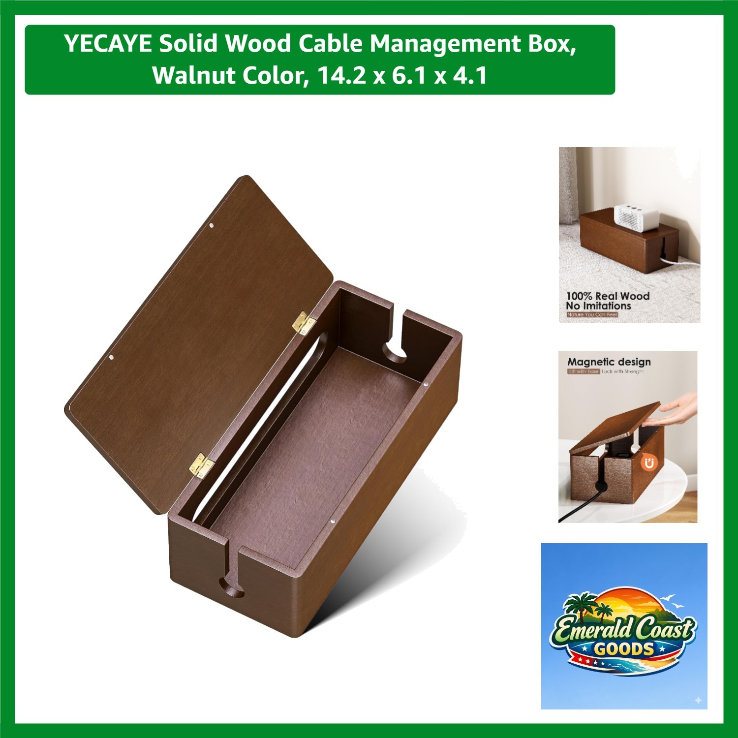 Elegant Walnut Solid Wood Cable Management Box with Magnetic Closure, 14.2"