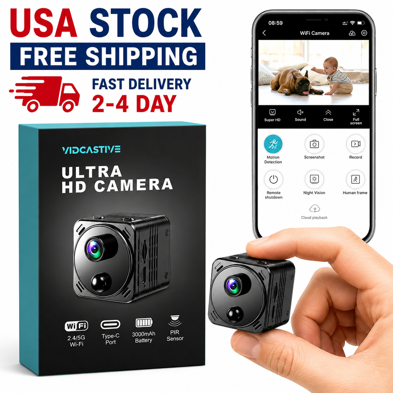 4K Mini Dual-Band 2.4/5GHz WiFi Indoor with AI Human Detection Night Vision