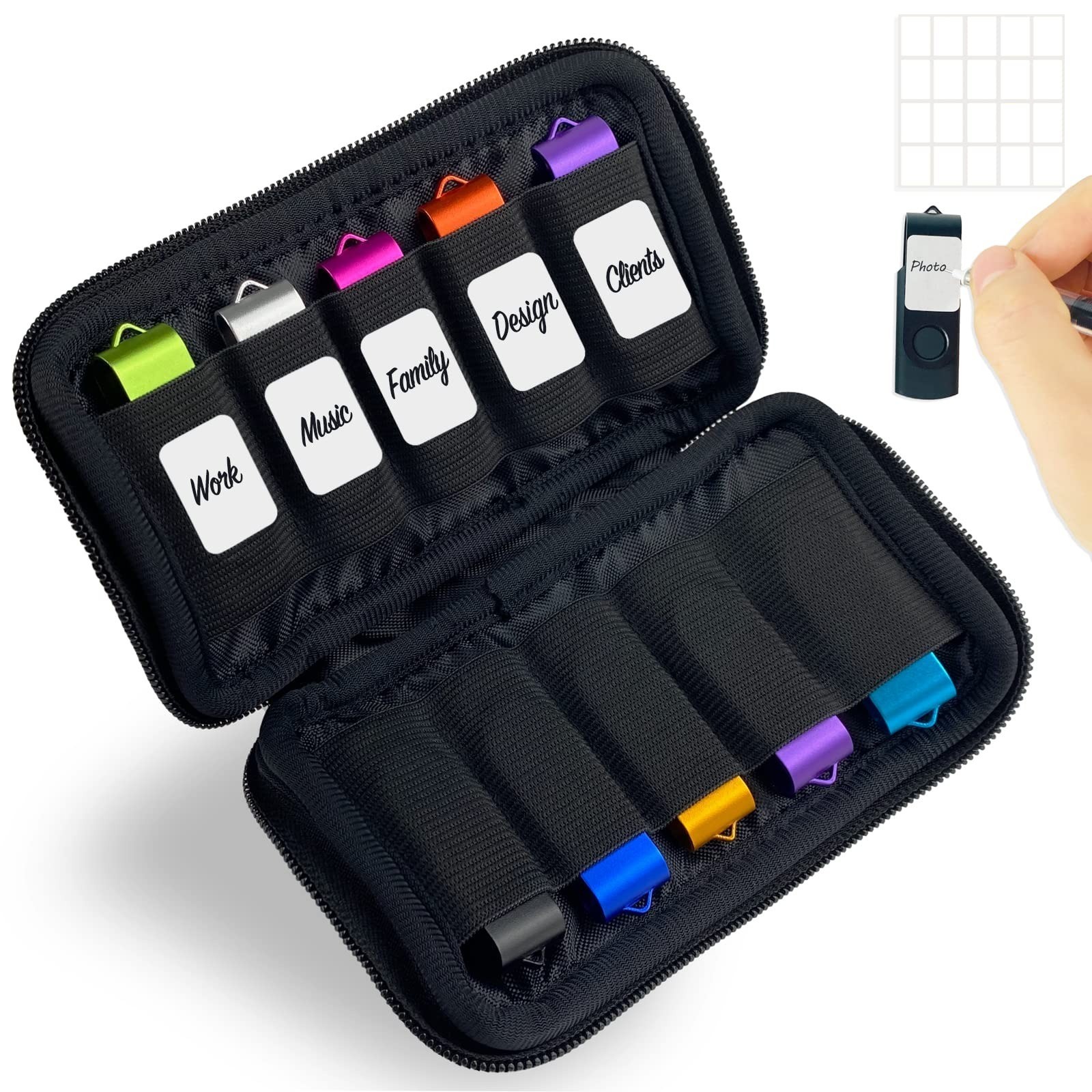 JBOS USB Flash Drive Case 10-Slot Neoprene Organizer with Labels Black
