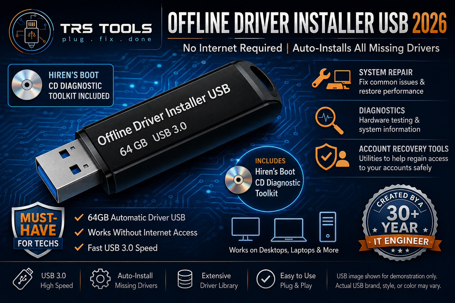 Offline Driver Installer USB 2026 | 64GB Auto Driver Toolkit for Windows PCs