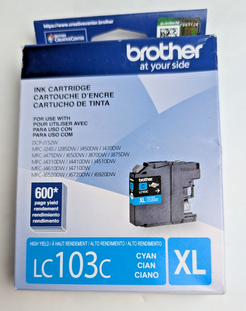Brother Genuine LC103C High-Yield Cyan Blue Ink Cartridge XL 600+ pages