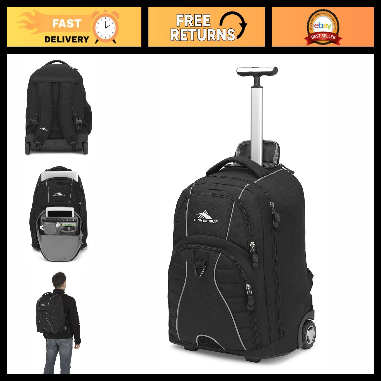 Wheeled Laptop Backpack, Travel Backpack with Wheels, Black, 20.5"x13.5"x8