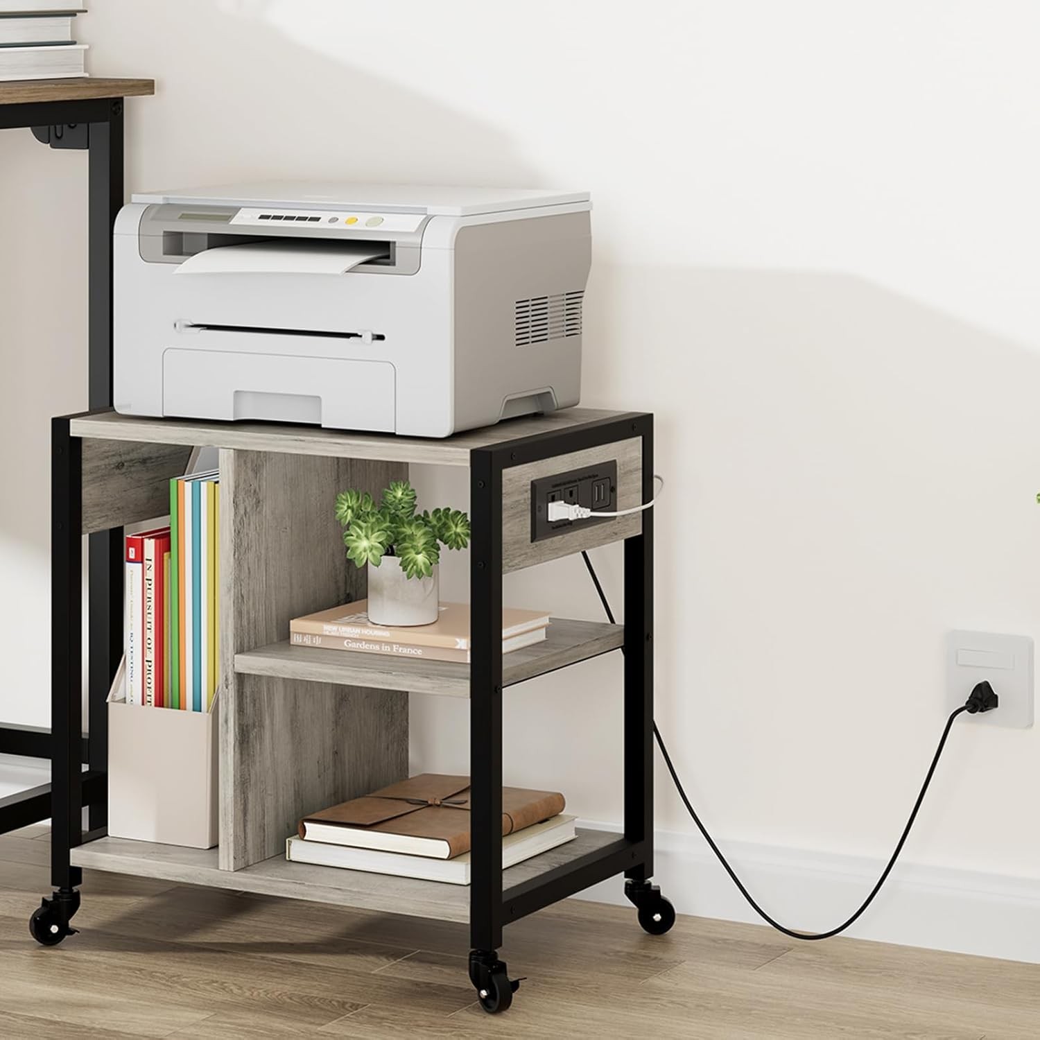 Printer Stand with Power Outlets,4-Tier Storage&Locking Wheels for Office Gray