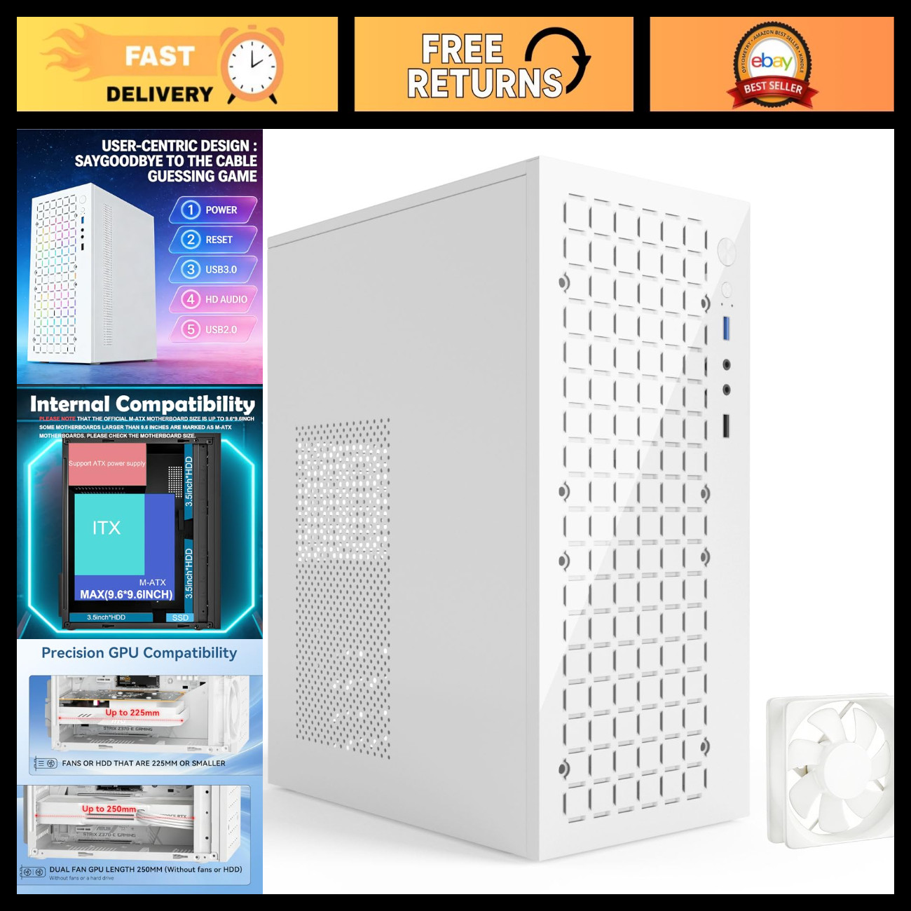 High Airflow Slim Micro ATX PC Case with 80mm Fan - White Gaming Tower