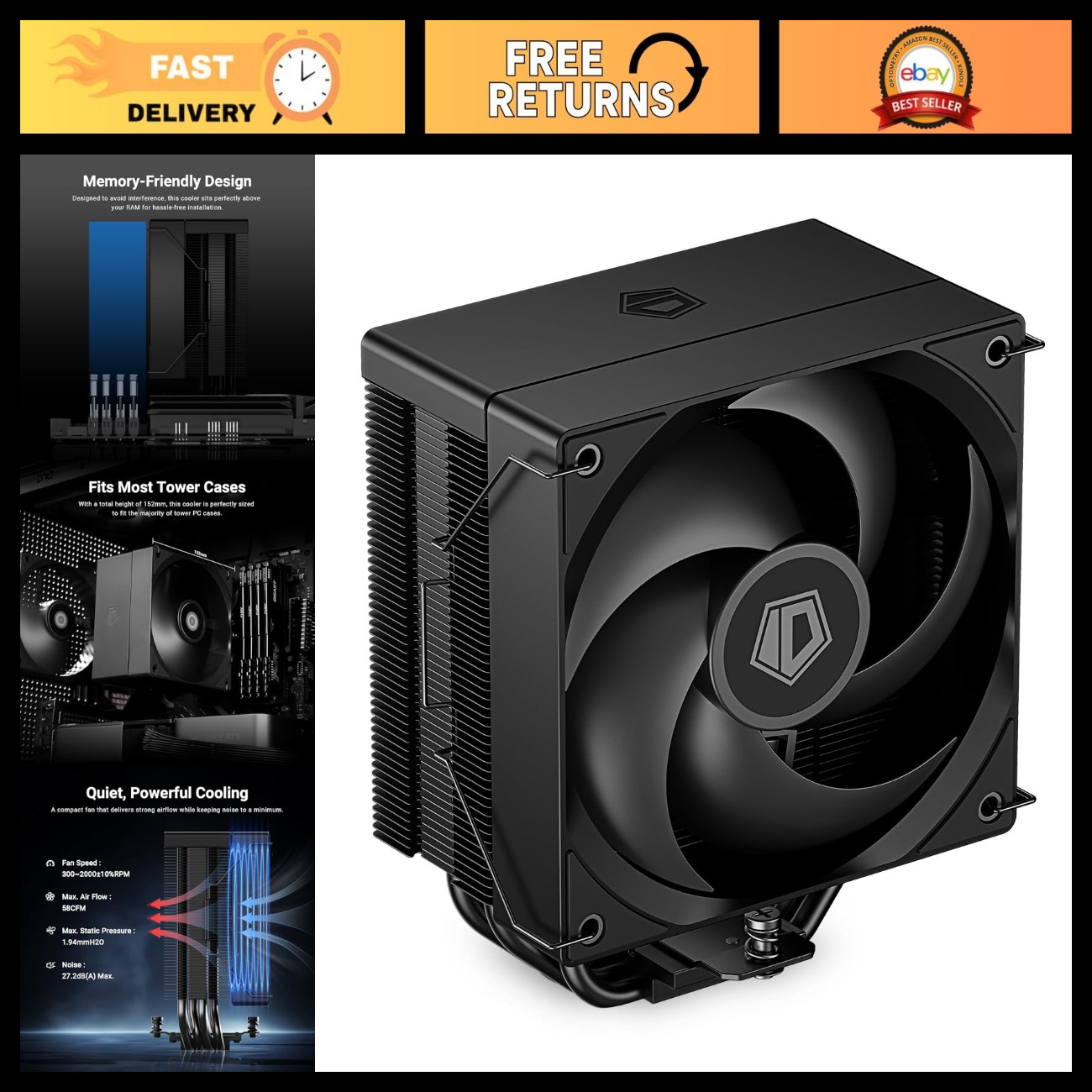 High-Performance CPU Air Cooler, Full Memory Clearance, 200W TDP, Silent Fan