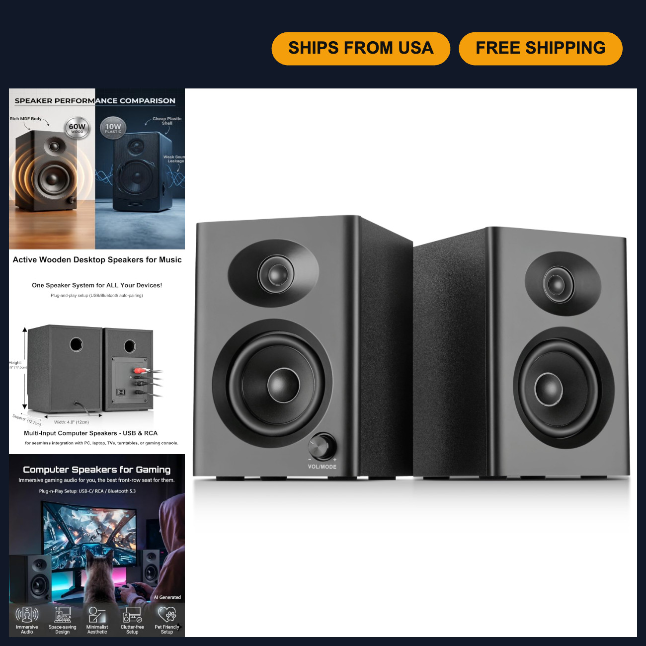 High-Quality Powered Desktop Computer Speakers for PC & Music - Black Pair