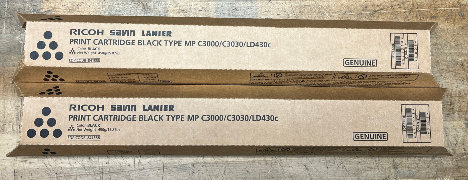 2 Genuine Ricoh Savin Lanier Black Toner 841338 Type MP C3000/C3030/LD430c