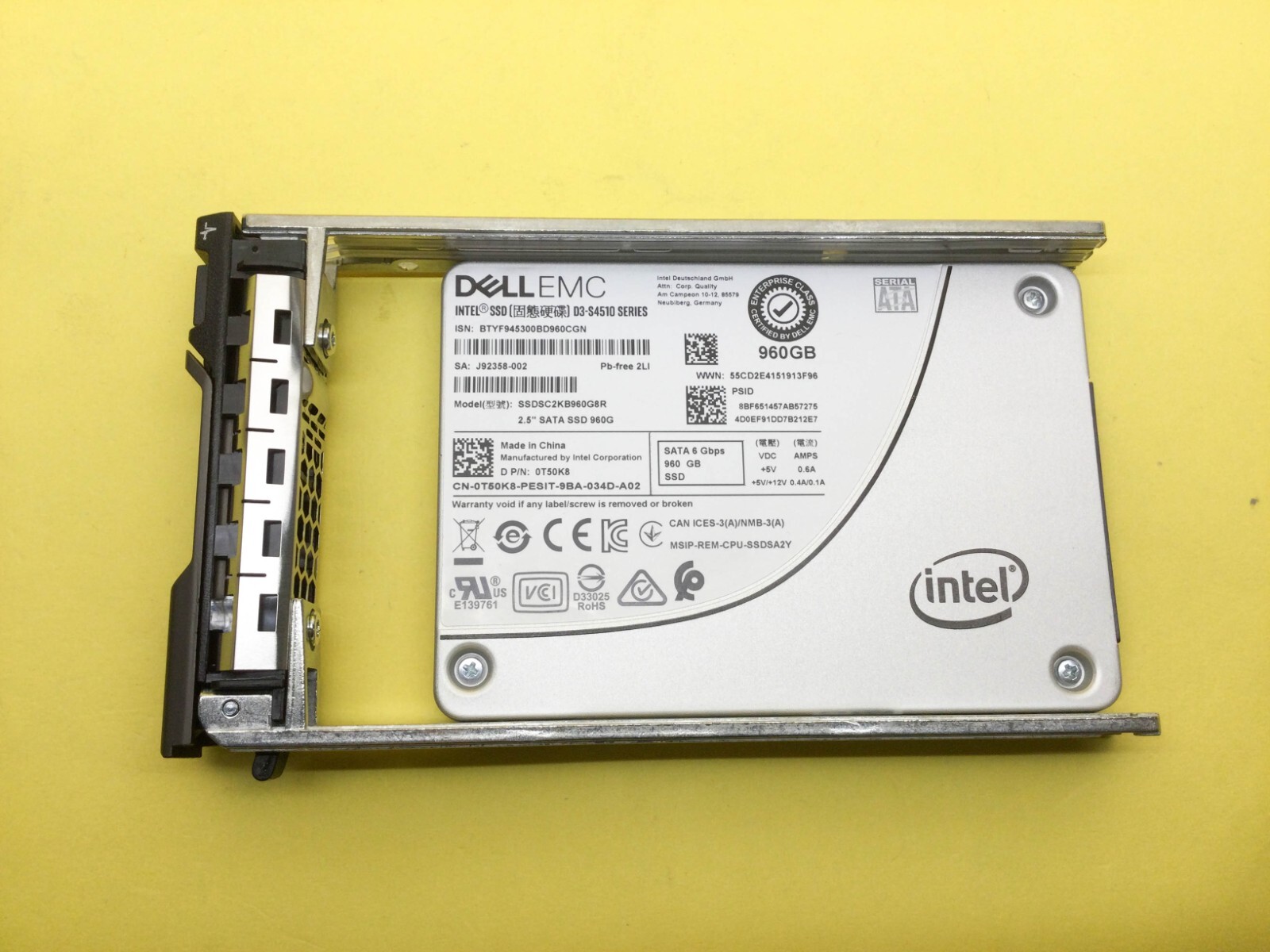 T50K8 DELL 960GB SATA 6Gb/s RI 2.5'' SSD S4510 SSDSC2KB960G8R 0T50K8
