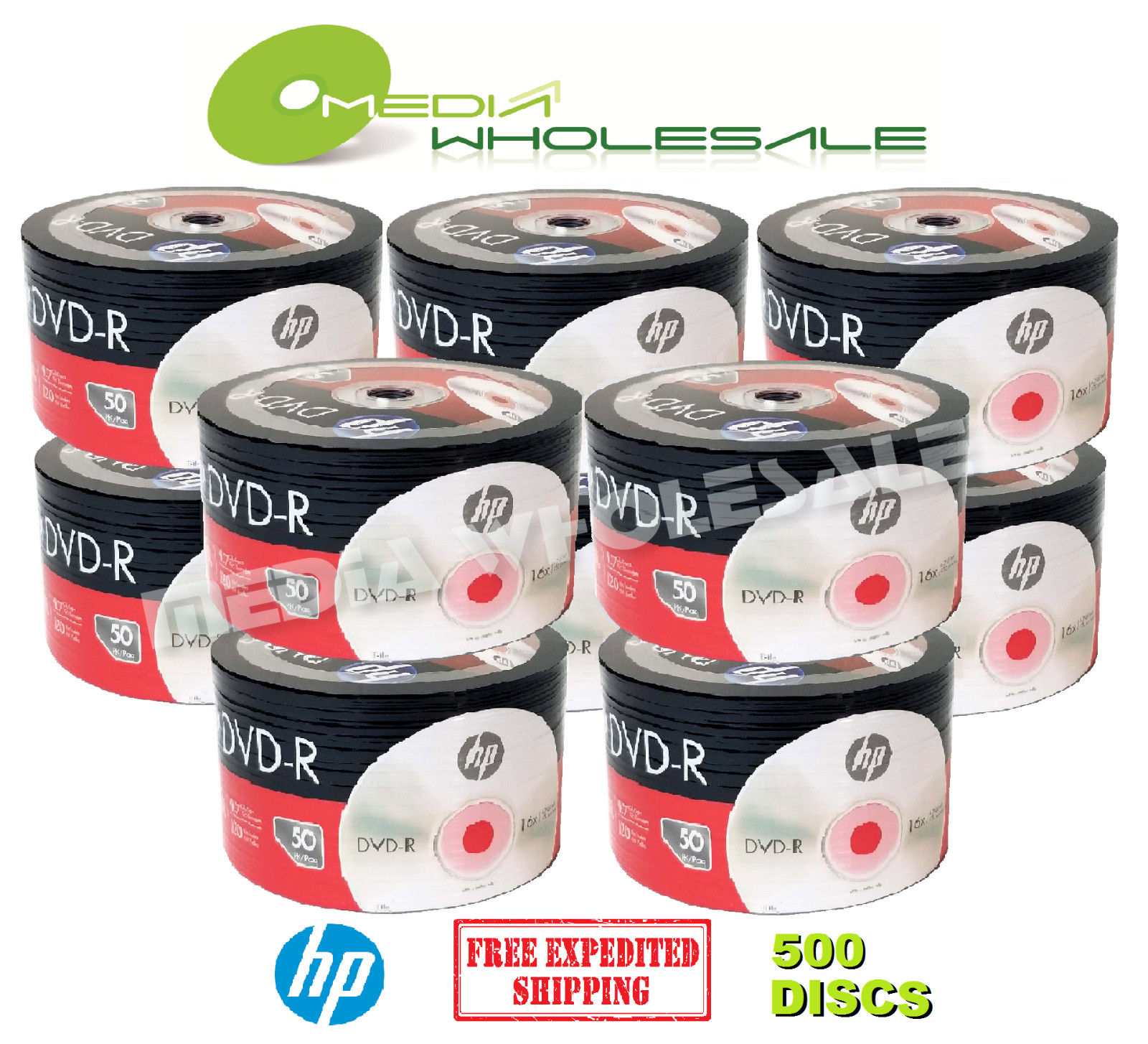 500 HP Blank 16X DVD-R DVDR Branded Logo 4.7GB Recordable Media Disc 10x50pk