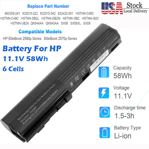 ✅SX06XL 6Cell Battery For HP Elitebook 2560p 2570p Serie 463309-241 QK644AA SX09
