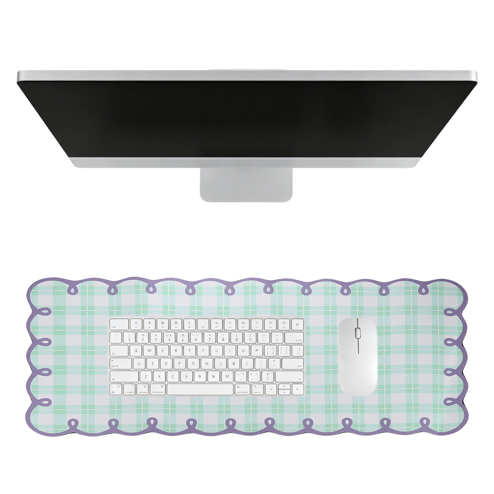 Scalloped Desk Mat, 31.5 x 11.8" Checkered Large Mouse Pad, Green-Purple