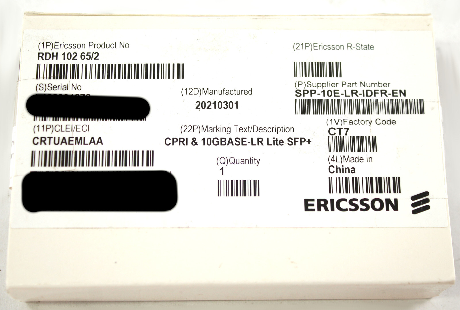 Ericsson RDH 102 65/2 CPRI & 10gbase-LR Lite SFP+ SPP-10E-LR-IDFR-EN CRTUAEMLAA