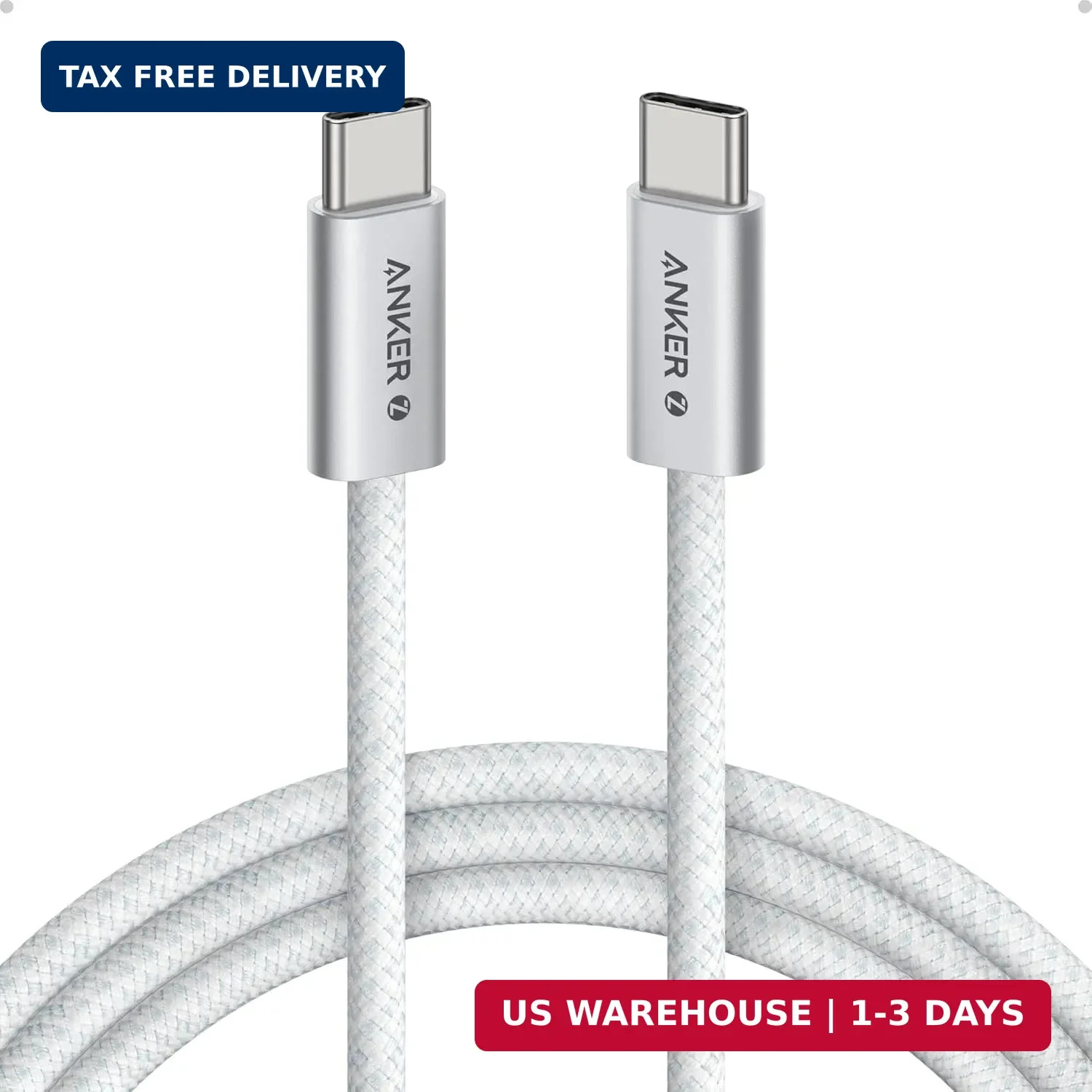 Anker Zolo USB C to USB C Cable, 240W Fast Charging Cable (6 ft, White) | Braide