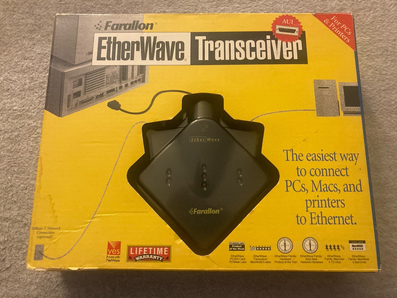 NEW Farallon EtherWave Transceiver AUI For PCs & Printers 10Base- T Network