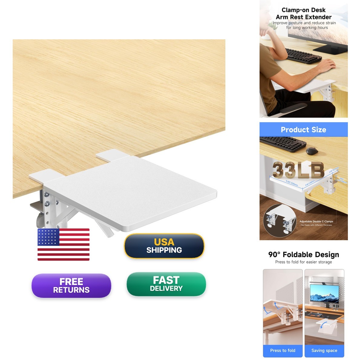 Suptek Ergonomics Desk Extender Tray, 9.5"x9.1" Clamp On Table Mount Arm Wrist