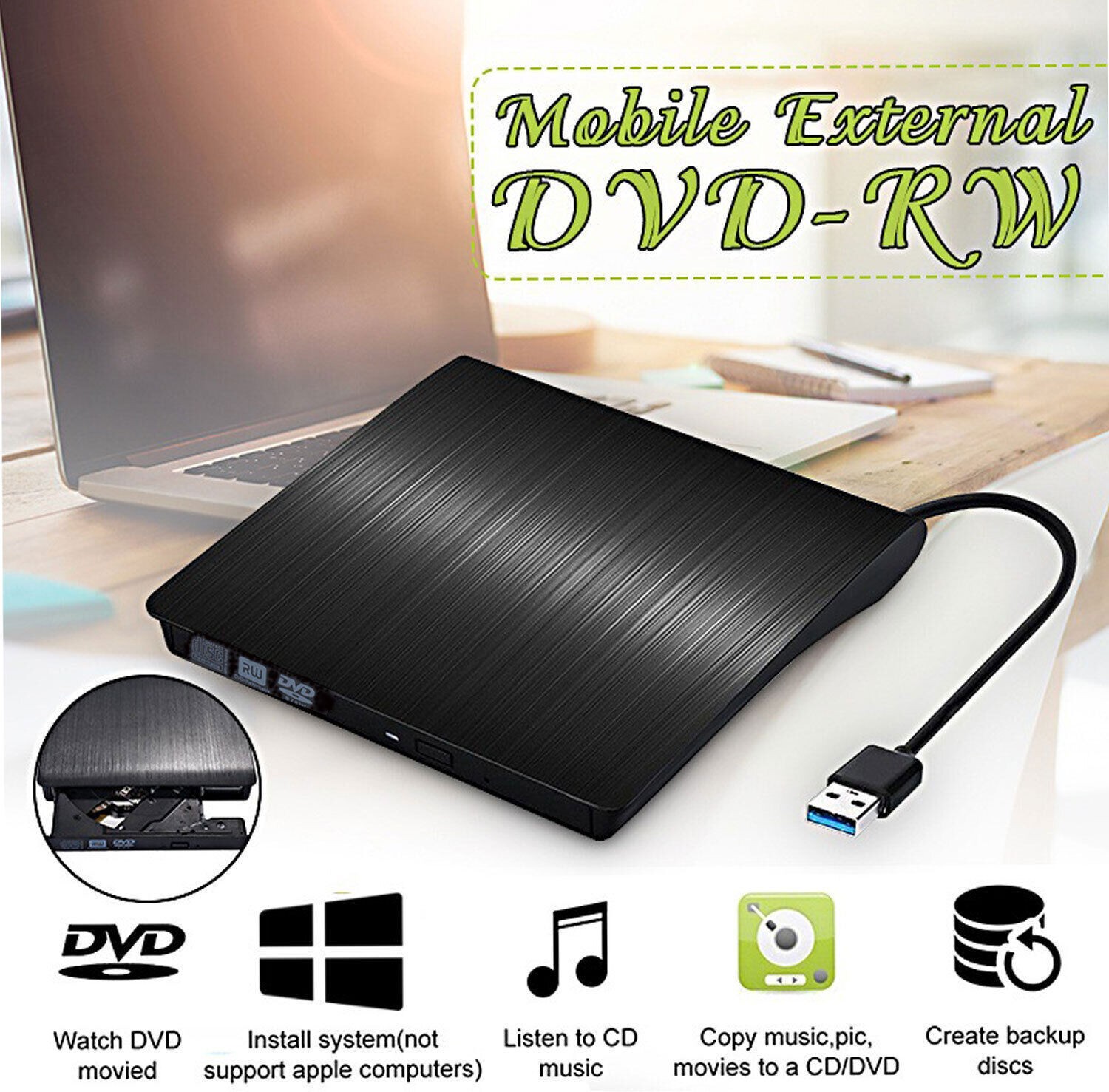 USB 3.0 2.0 Portable External DVD Disk Drive 1.44Mb Reader FDD PC Laptop Mac