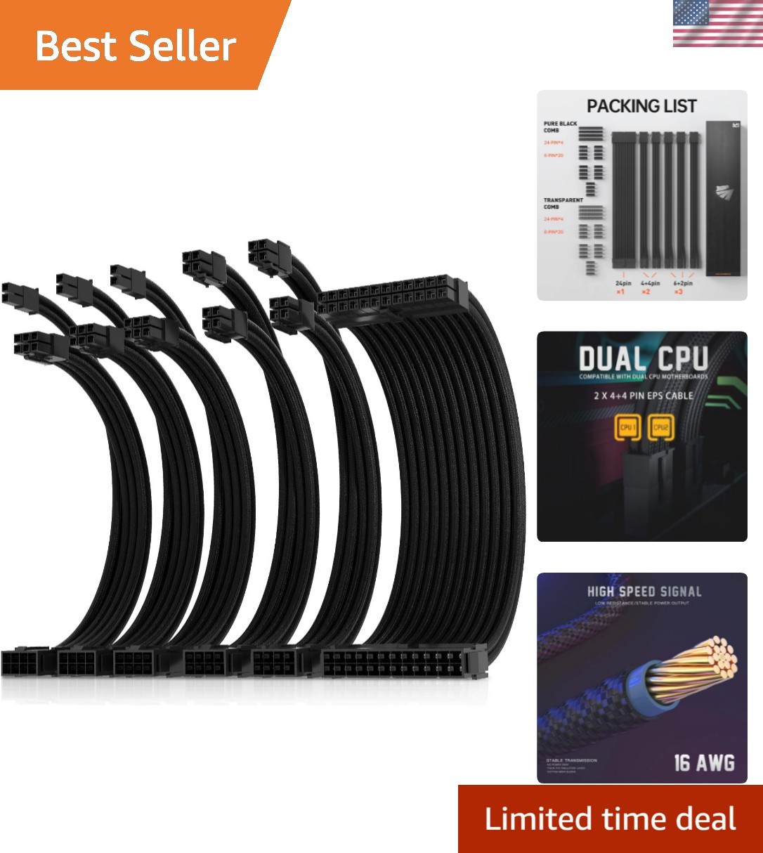 16AWG Pro Power Supply Sleeved Cable for Power Supply Extension Cable Wire Ki...