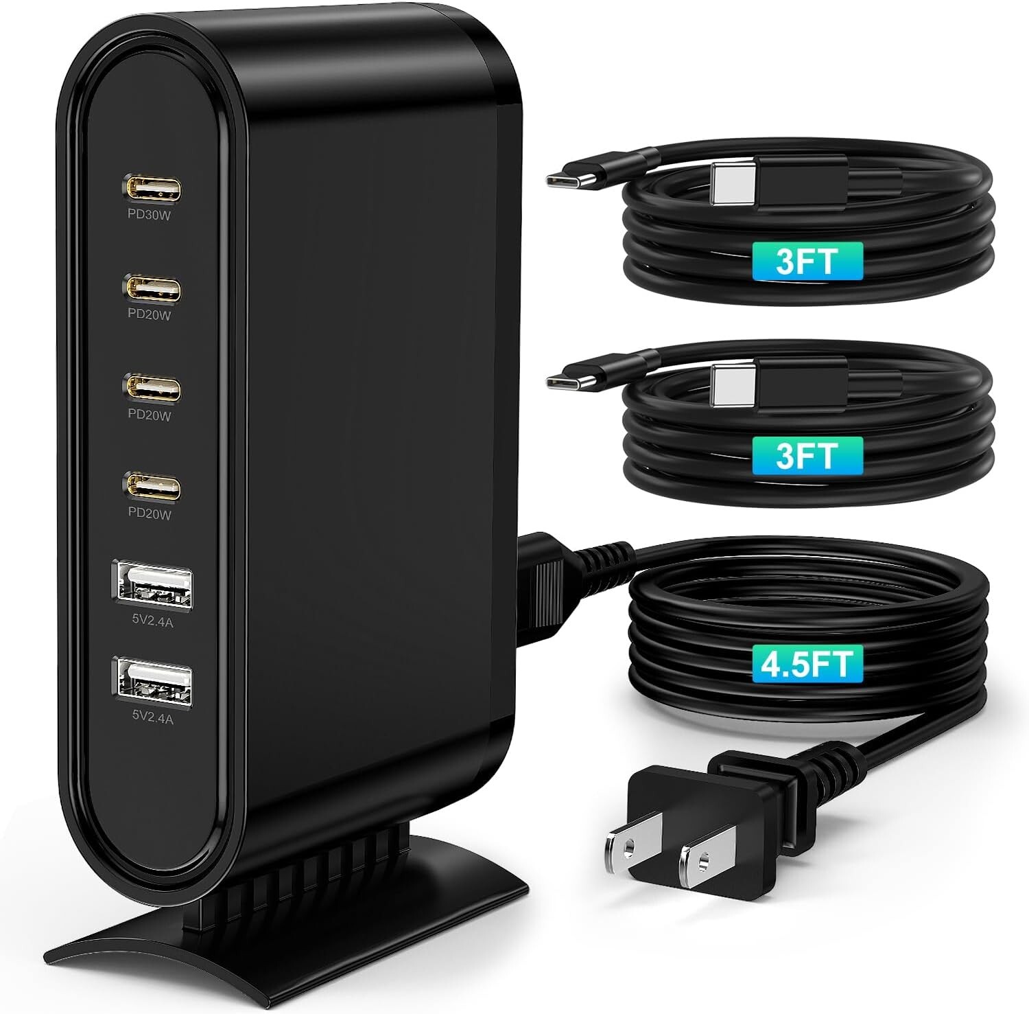 114W 6Port GaN USB C Hub Charging Station Block with 4 PD 4C2A-3FT-114W Black