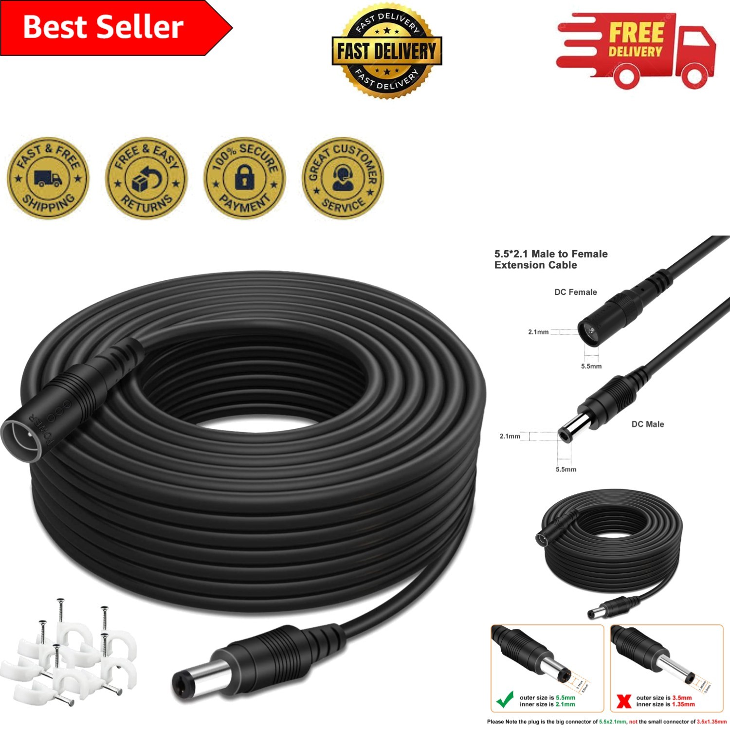 Extend Your Power: 33ft DC Power Extension Cable 2.1mm x 5.5mm for Versatile Use