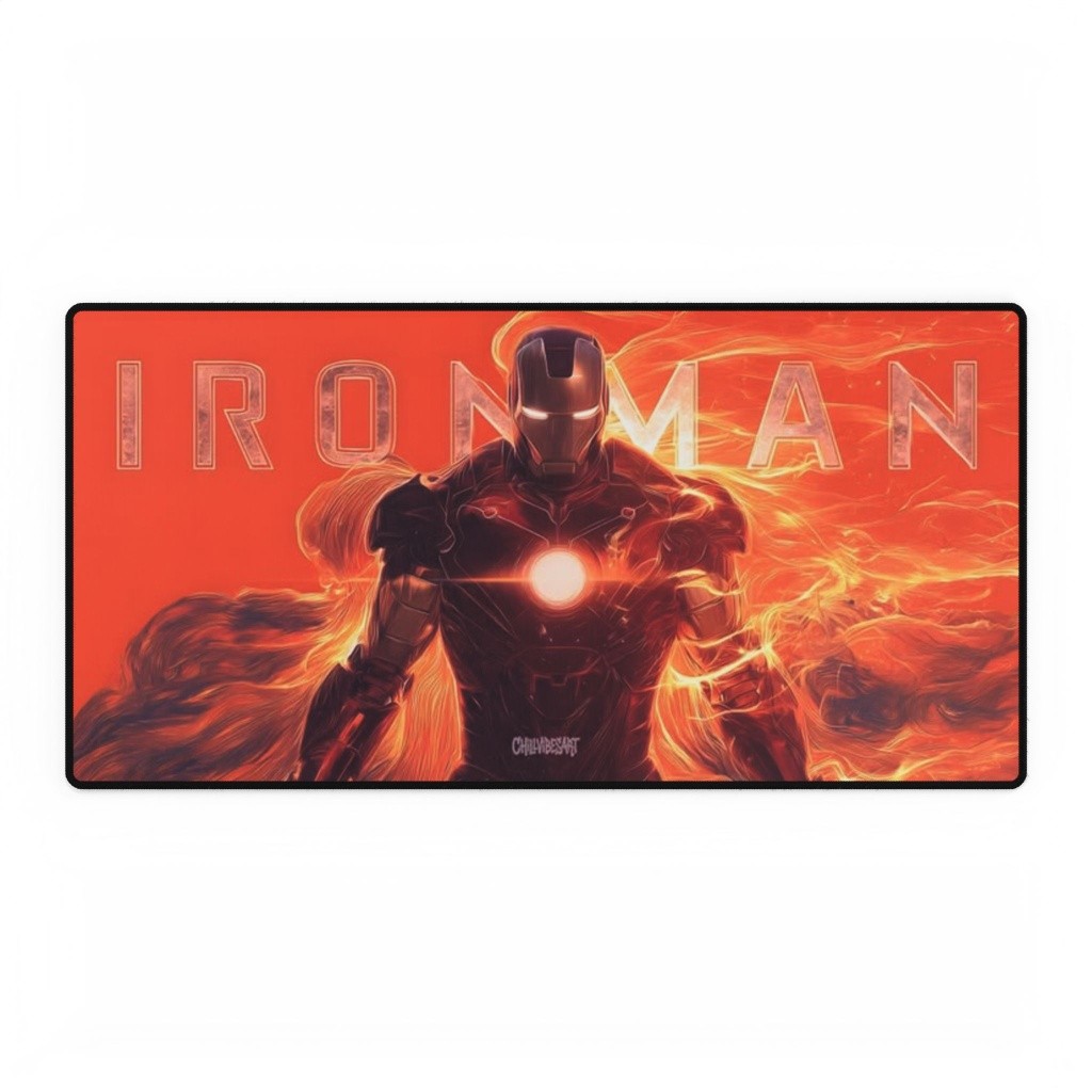 Marvel Iron Man Fire Flames Typography Red Background Mouse Pad Desk Mats