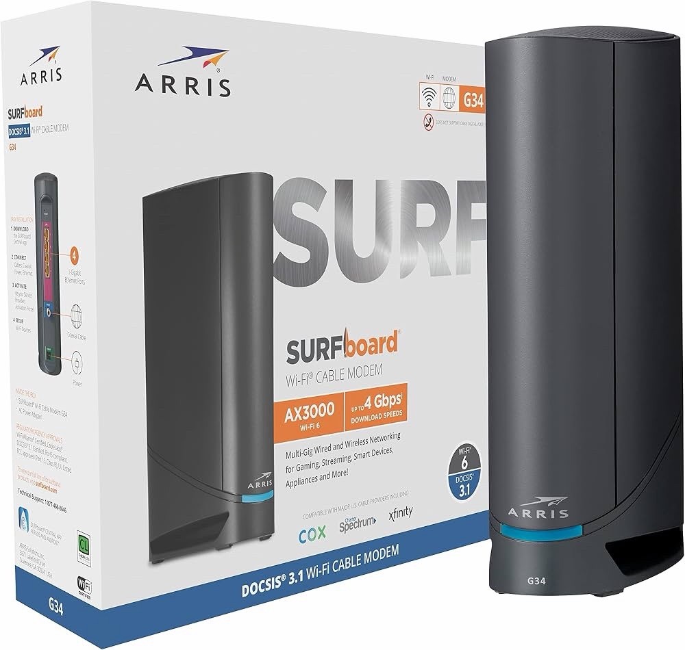 ARRIS G34 SURFboard DOCSIS 3.1 Gigabit Cable Modem and AX3000 Wi-Fi 6 Router