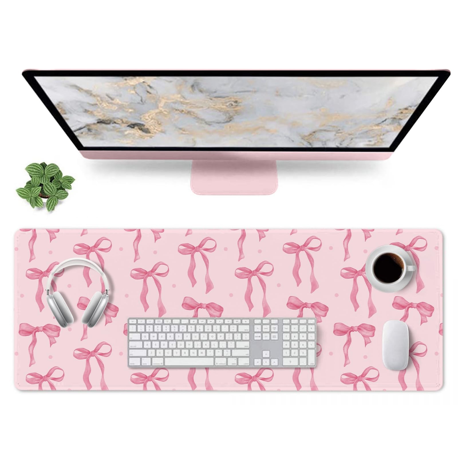 Pink Bow Desk Mat Mouse Pad - Large, Non-Slip Keyboard Pad for Girls, Students