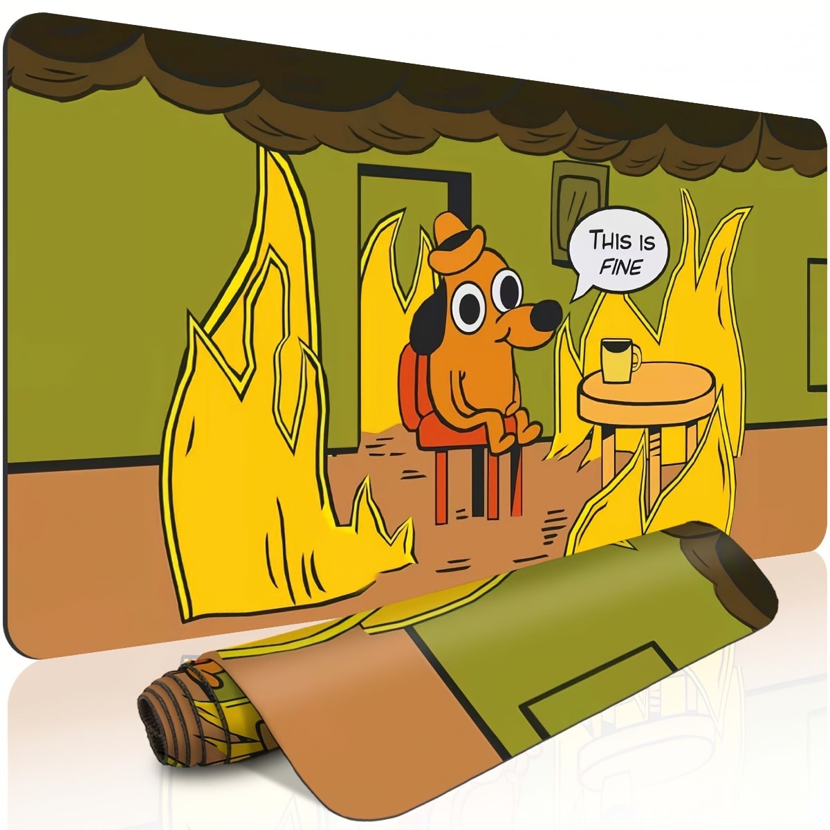 1pc "THIS IS FINE" Dog & Fire Gaming Desk - Oversized XL/XXL Non-Slip Computer