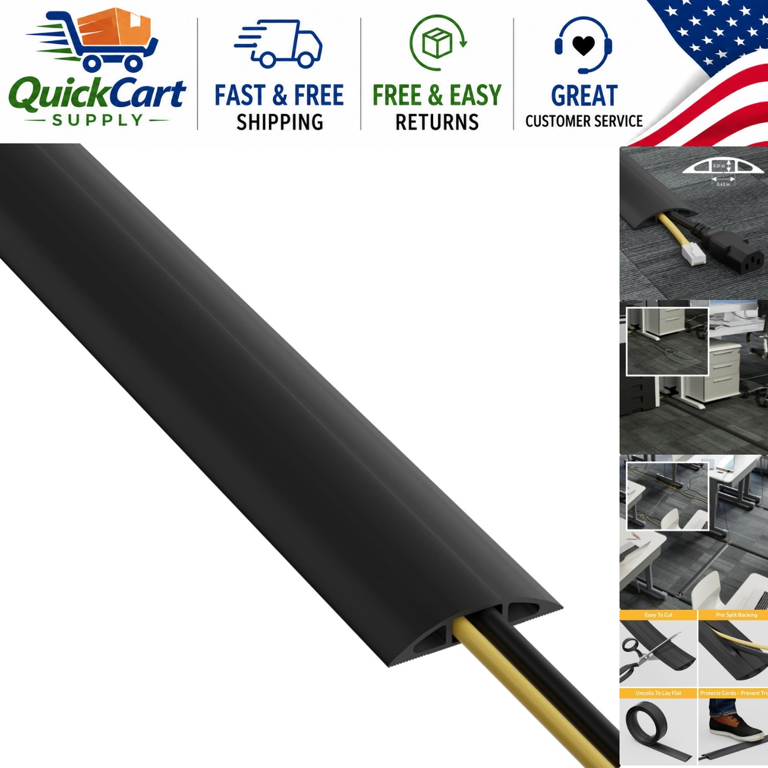 Versatile 6ft Cable Protector - Heavy Duty Cord Cover, Ideal for Home Use