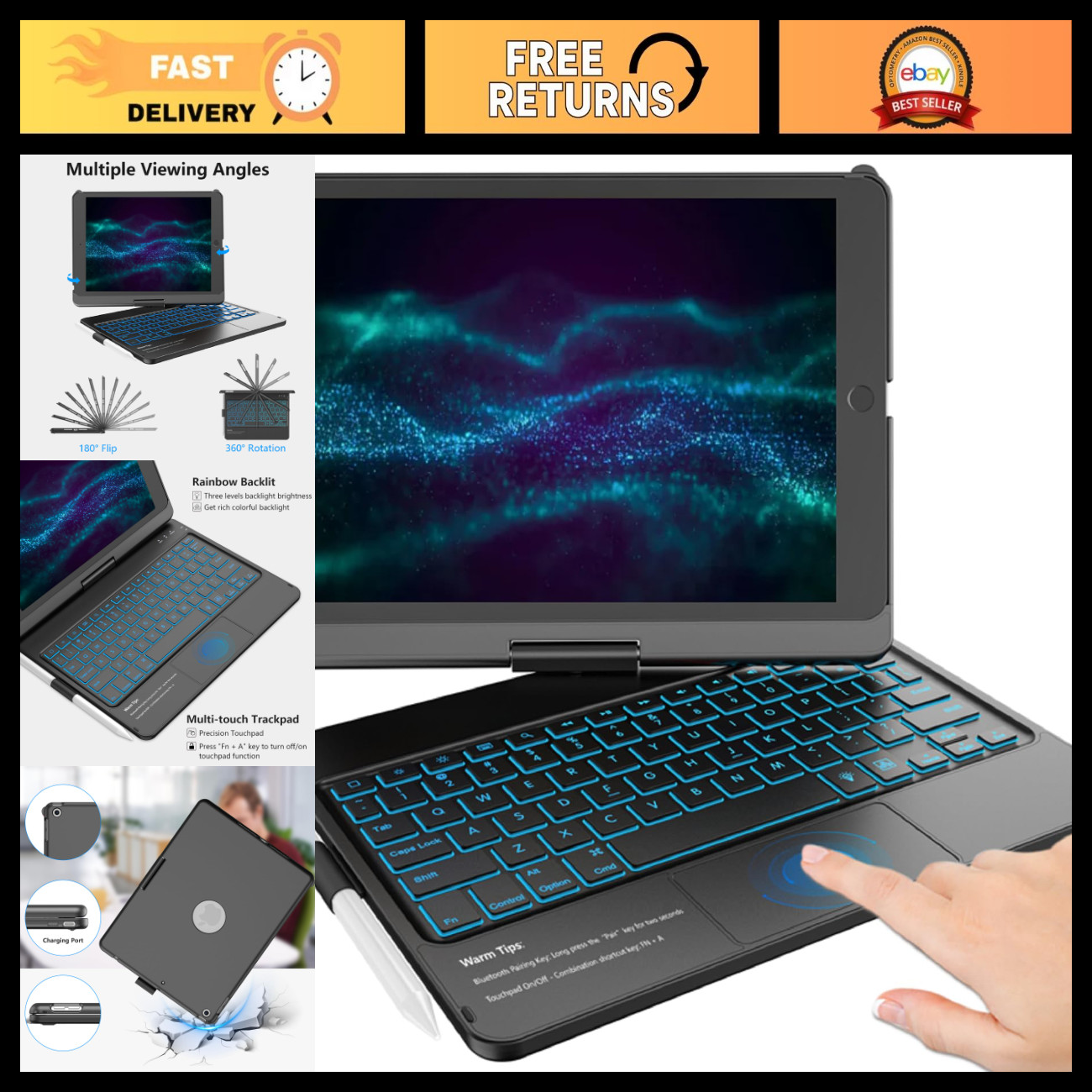 Touchpad Keyboard Case for iPad 9th/8th/7th Gen - Slim, Lightweight, Black