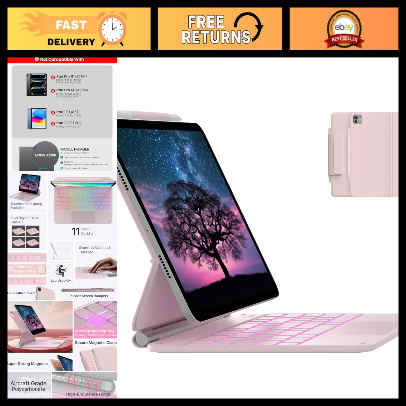 Magic-Style Keyboard Case for iPad Air 11/Pro 11 Gen 1-4, Slim & Lightweight