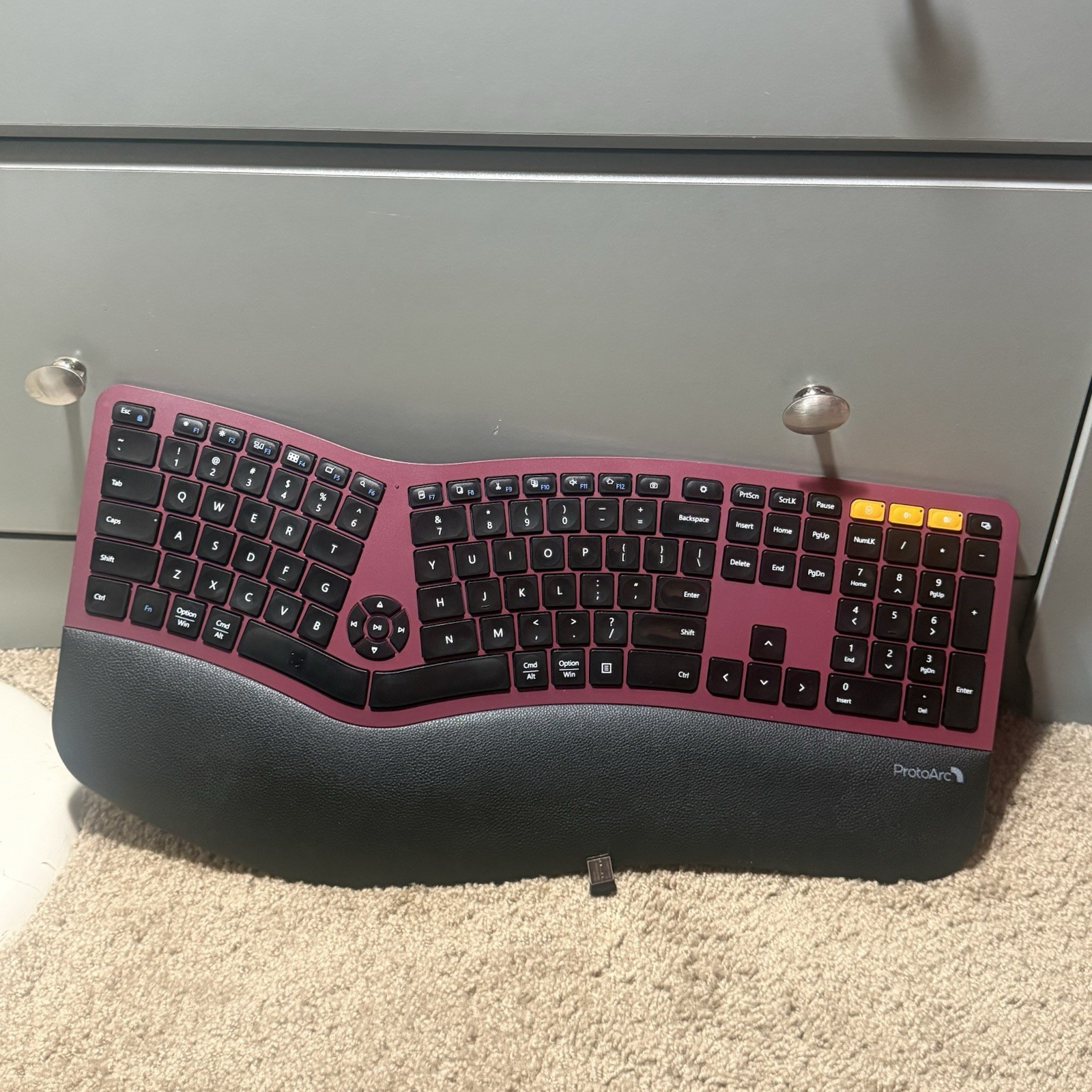 ProtoArc EKM01 Plus Ergonomic Maroon Wireless Keyboard w/ Dongle &Ergo Bluetooth