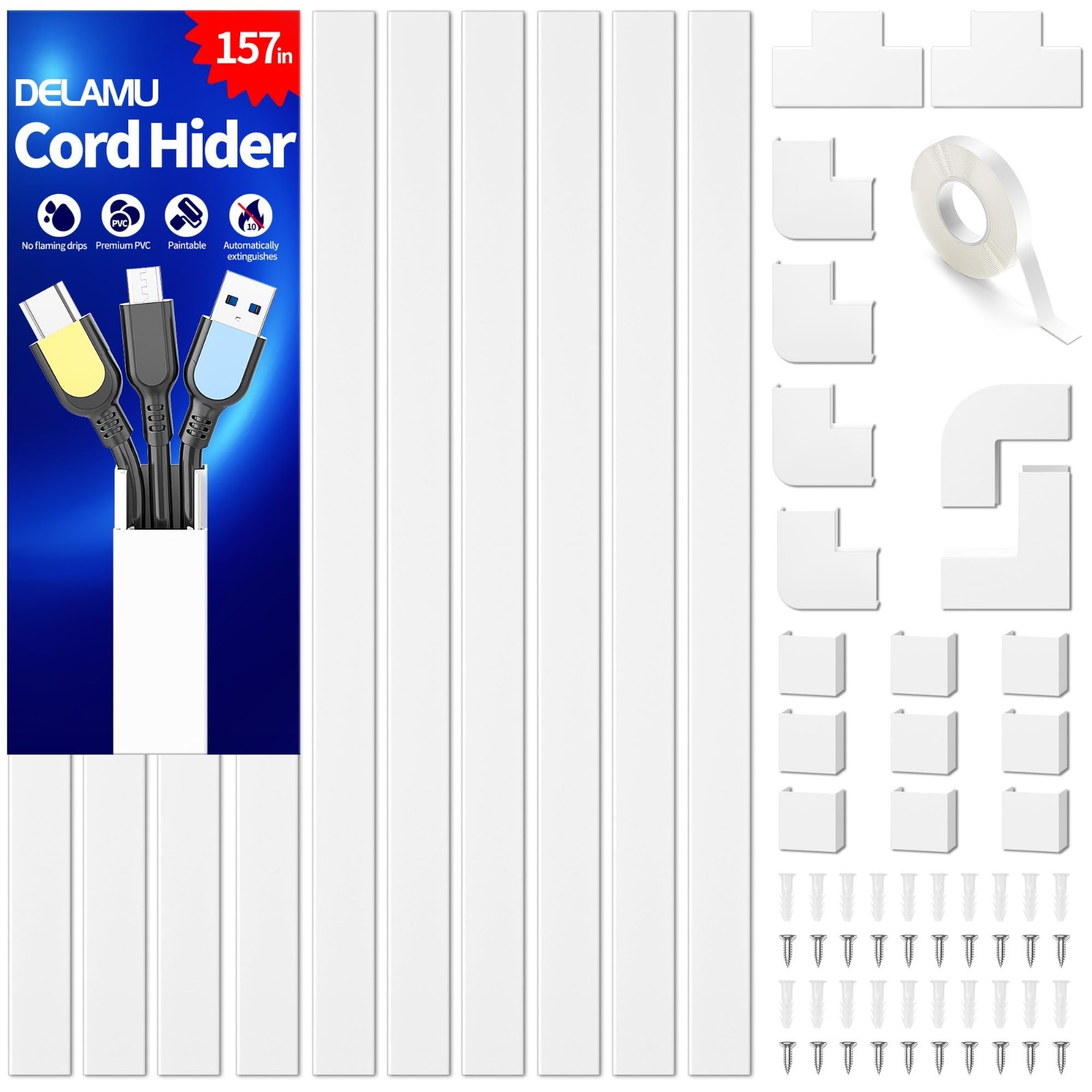 Premium Cable Management Kit - 157in Cord Hider & Wire Covers for Wall, White