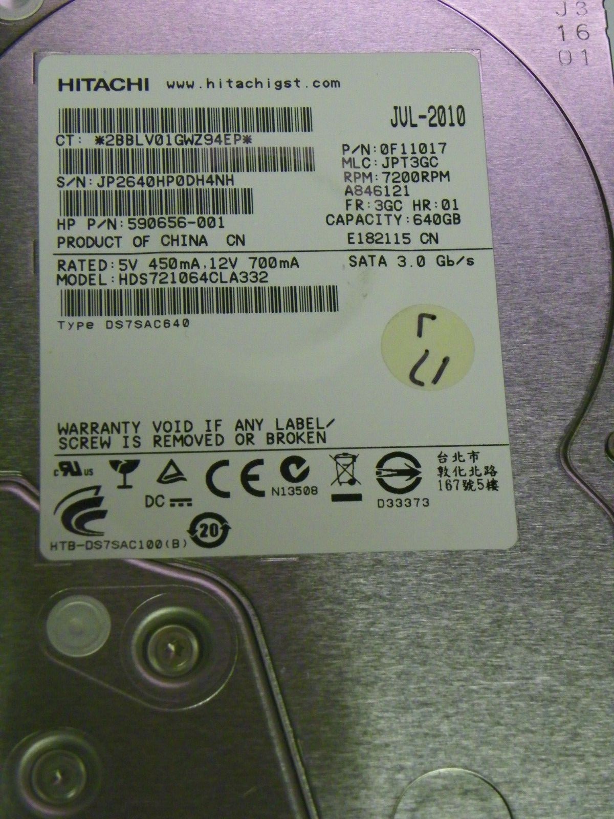 Hitachi HDS721064CLA332 P/N:0F11017 MLC: JPT3GC 640GB 3.5" SATA Hard Drive