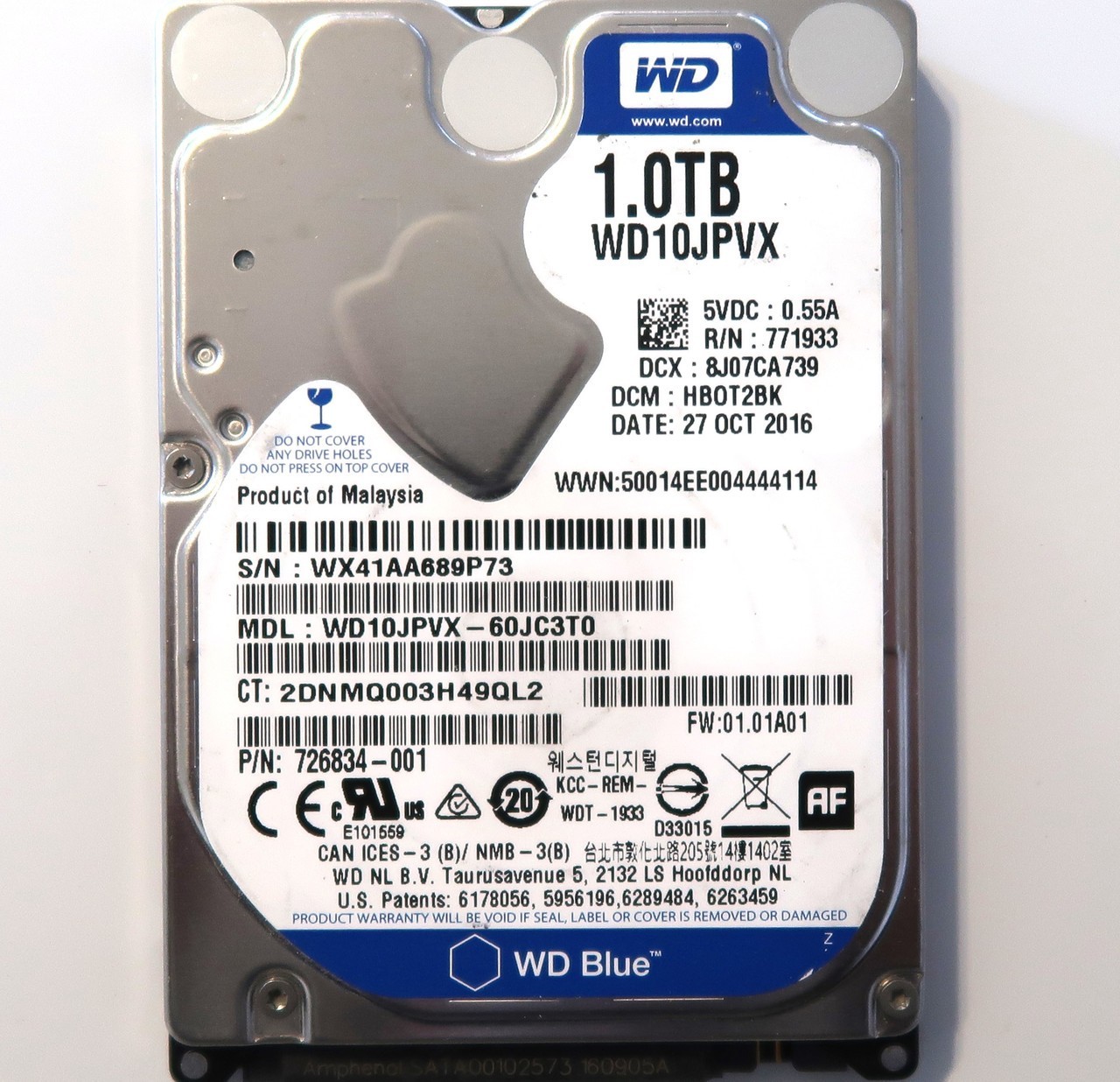WD WD10JPVX-60JC3T0 DCM: HB0T2BK (WX41) Malaysia 2.5" 1000gb Sata 10/2016