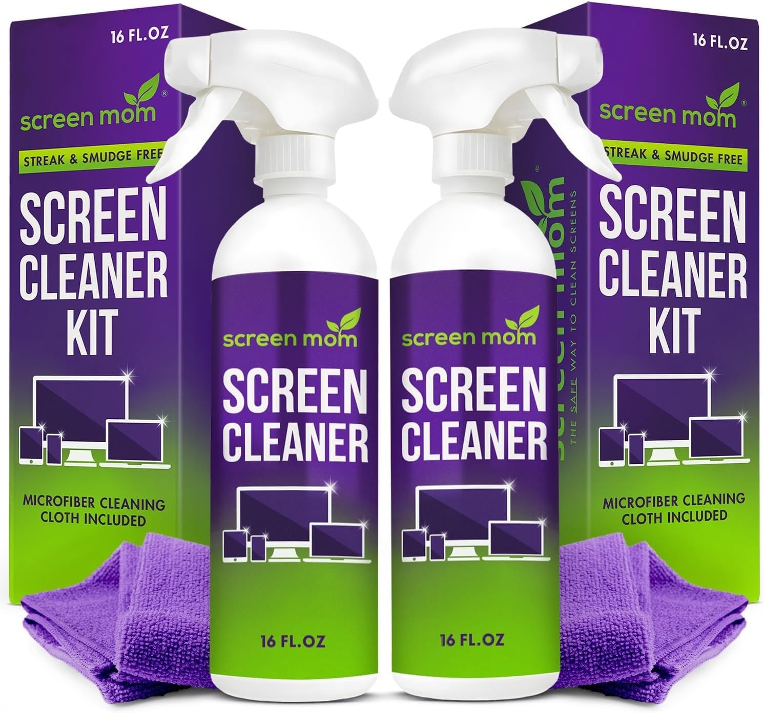 Multi-Device Screen Cleaner Kit: 2x16oz Spray & Scratch-Free Microfiber Cloth