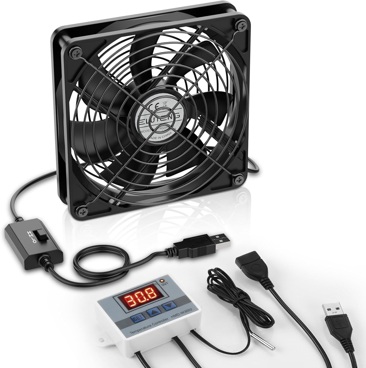 USB Fan 140Mm with Digital Temperature Controller, 5V USB Powered PC