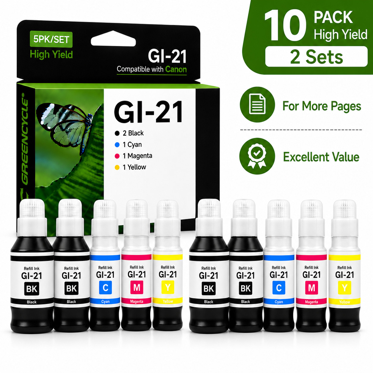 GREENCYCLE 10PK GI21 Replacement Ink Bottles for Canon MegaTank G4280 G1220